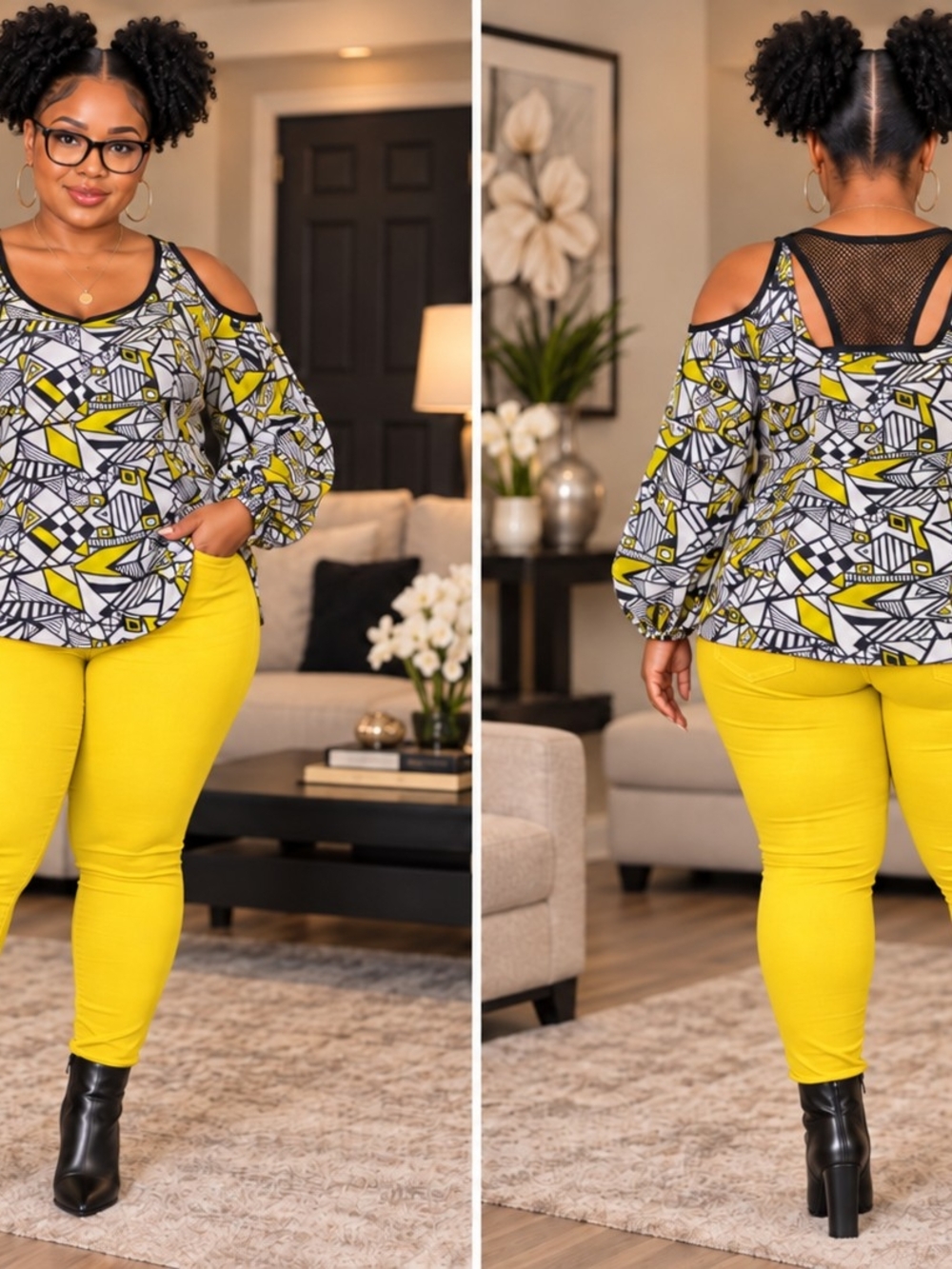 Plus Size Geometric Print Cold Shoulder Long Sleeve Blouse
